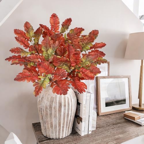 Faux Oak Leaf Branches 5 Pcs Fall Leaf Stems for Vases, 18" Fall Leaves Stems Artificial Oak Branches, Faux Oaks Branch for Autumn Decor Farmhouse Thanksgiving Centerpiece Halloween Decoration, Red