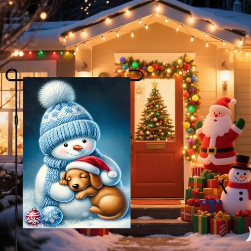 BlissYard Garden Flag Dachshund Snowman Winter 12x18 Inch Polyester