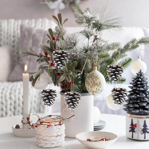 Winlyn 30 Pcs Frosted White Natural Pinecones Christmas Ornaments - Hanging With String for Tree Decorations, Winter Wedding, Holiday Party, DIY Craft, Seasonal Wreath