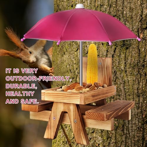 Gnodary Squirrel Feeder with Umbrella, Squirrel Feeders for Outside, Squirrel Picnic Table Feeder - Chipmunk Feeder Hold Corn, Corn Cob, Peanuts (Dark-Pink)