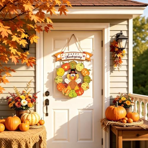 Happy Thanksgiving Door Decor, Fall Turkey Pumpkin Wreath Front Door Sign