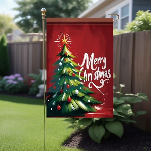 12 x 18 Inch Christmas Garden Flag Christmas Tree Yard Banner with Star and Ornaments Double Sided Outdoor Holiday Decoration Winter Seasonal Welcome Sign for Patio Lawn Home Party Decor