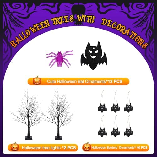 Black Halloween Spooky Trees - 2 Pack 2FT Halloween LED Light Up Tree with 40 Spiders 12 Bats, Auto Timer, Battery/USB Powered, Bendable Branches for Tabletop Indoor Outdoor Decor