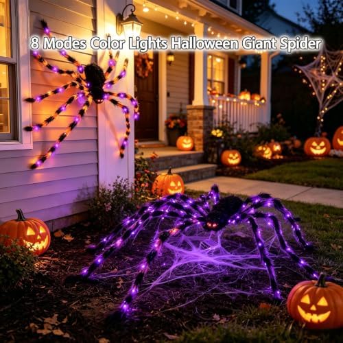 2 Pcs 4.9 ft Giant Spider Halloween Decorations, 8 Modes Light Up