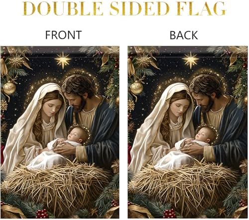 Christmas Garden Flag Holy Family Nativity Scene Jesus Mary Joseph 12x18 Inch Double Sided Outdoor Yard Banner for Religious Christmas Decoration Christian Birth of Christ Decor