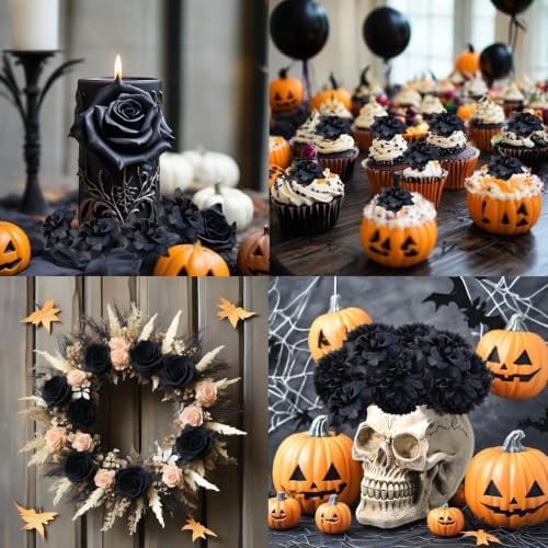 RONYOUNG 55PCS Artificial Mini Roses with Stems, Silk Fake Flower Heads, 1.77 Inch, Black, for Wedding, Halloween, Crafts, Home Decor