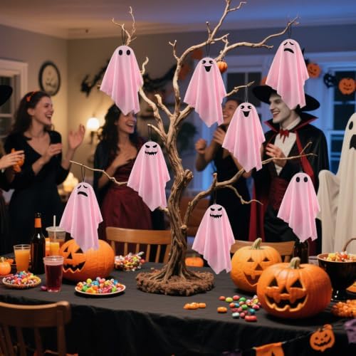 16 Pack Halloween Small Hanging Ghost 8.27Inch Pink Ghosts Tree Ornaments for Front Yard Porch Patio Lawn Garden Indoor Outdoor Holiday Party Decor
