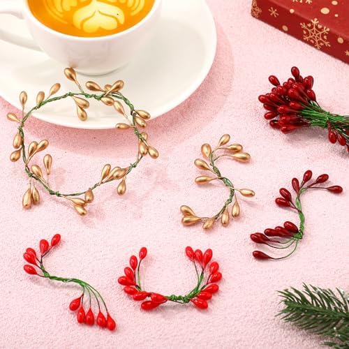 BBTO 300 Pcs Holly Berries 150 Wire Stems Xmas Wreath,Dark Red,Red,Gold