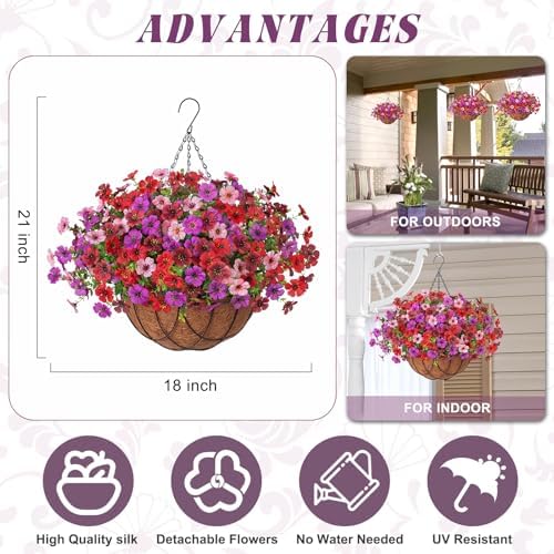 INXUGAO Artificial Fake Flowers Hanging Basket for Outdoor Decoration