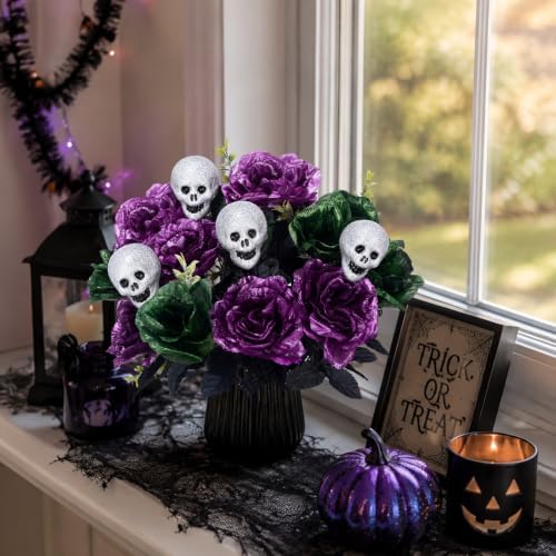 2 Pcs Purple Halloween Flowers Artificial 18in Peony & Rose & Skull Bouquet