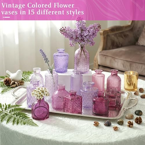 Set of 30 Purple Glass Bud Vases Small Textured Flower Vases