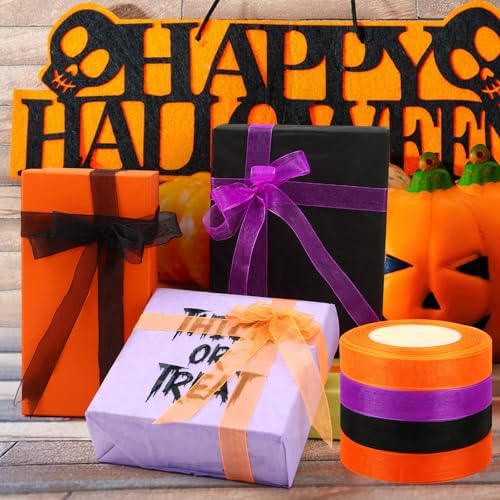 DECYOOL 4 Rolls 200 Yards Halloween Ribbon, Black and Orange Organza Set