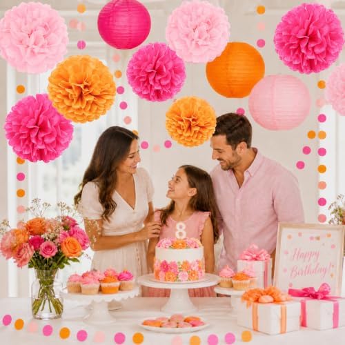 14 Pcs Pink Orange Party Decorations, Pom Poms, Paper Lanterns, Garlands