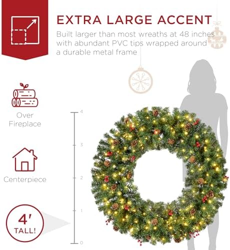 Best Choice Products 48in Pre-Lit Christmas Wreath w/Berries & Pinecones, Large Artificial Indoor/Outdoor Decor for Door, Mantel, Plug-in