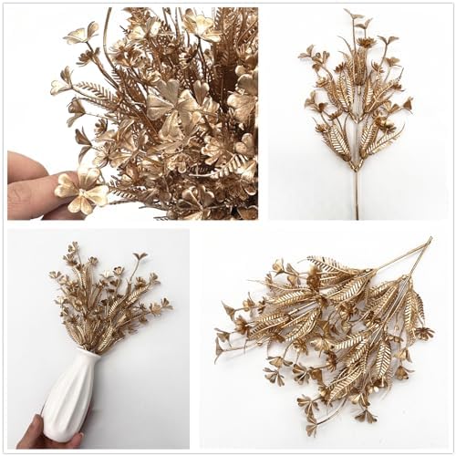 PASYOU Gold Fake Flowers Artificial Shrubs for Christmas Decor, Plastic Plants Faux Leaves Stems Grass Foliage Home Wreath Ornaments Party Hotel Wedding Event Gift DIY Tree Decoration Golden 10 Pack