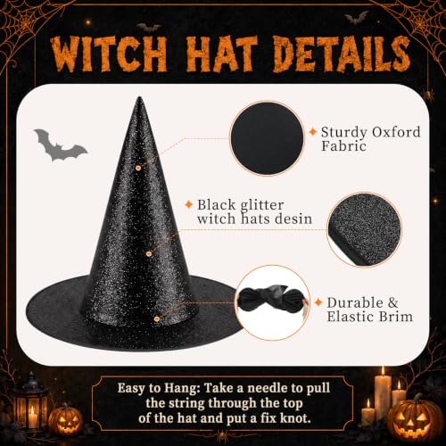RattanView 12 Pcs Halloween Witch Hats Glitter Hanging Witch Hat,Black