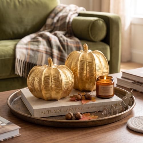 Gold Pumpkins Fall Decor, 2Pcs Decorative Pumpkin Figurine for Thanksgiving