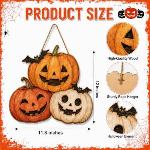 Halloween Wreaths for Front Door, Wooden Triple Pumpkin Bat Hanging Sign