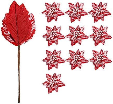 10 PCS Snow Poinsettia Stems, Large 10.6" Christmas Flowers, Red/White