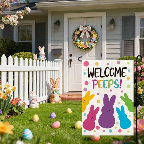 Welcome Easter Garden Flag 12x18in, Double Sided Bunny Flag for Yard