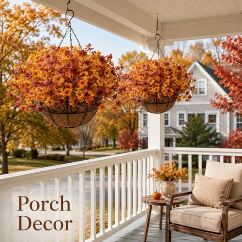2 Set Artfiticial Fall Hanging Baskets Outdoor,Autumn Porch Decor,YellowRed