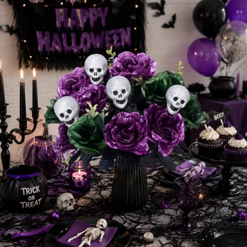 2 Pcs Purple Halloween Flowers Artificial 18in Peony & Rose & Skull Bouquet