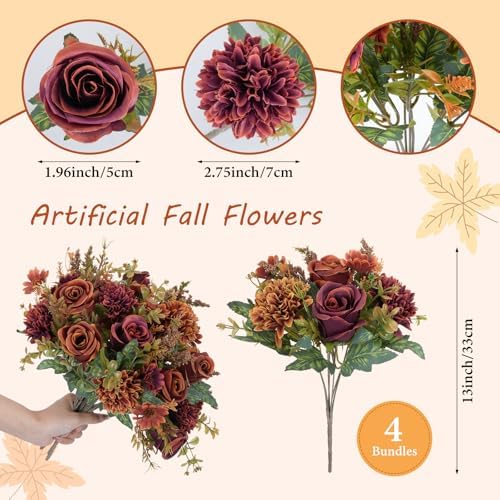 4 Pcs Fall Flowers Artificial Decoration, Silk Fall Bouquet Burgundy Orange