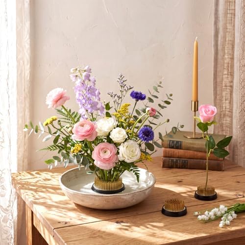 Sliner 16 Pcs Floral Frogs Round Flower Holder,Gold,2.76 Inch