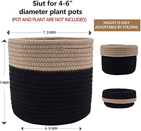 Woven Cotton Rope Plant Basket for 6" Pot H6 3/4" x W6 1/2" Black&Brown