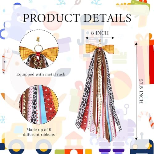 Cow Print Ribbon Bow Set, 27.5" Western Themed Wreath Decoration with 9 Assorted Ribbons, Yellow Plaid Cowboy Door Hanger Sash for Birthday Party Kids Room & Gift Wrapping