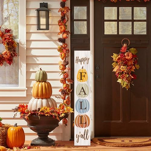 Happy Fall Y'all Porch Sign 47" Autumn Pumpkin Front Door Welcome Sign Vertical Standing Wooden Sign For Garden Home Yard Farmhouse Thanksgiving Decor