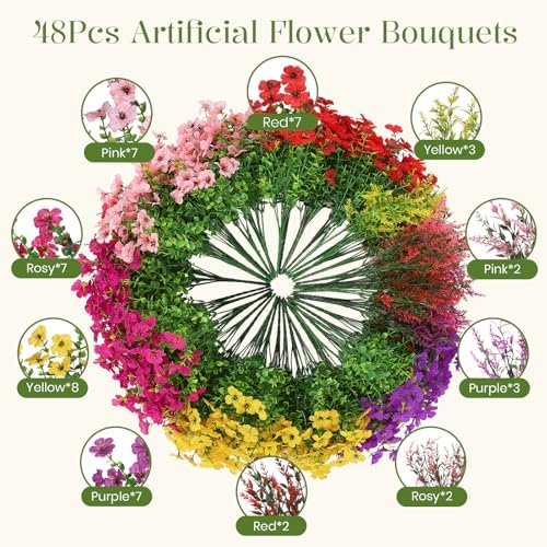 SHareconn 48 Bundles Artificial Flowers for Outdoors UV Resistant Decor