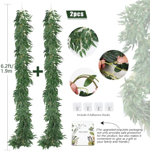 RECUTMS 2P Artificial Willow Leaves Vine Twig 6.2Ft Thick Silk Leaf Garland