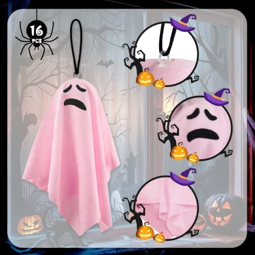 16 Pack Halloween Small Hanging Ghost 8.27Inch Pink Ghosts Tree Ornaments for Front Yard Porch Patio Lawn Garden Indoor Outdoor Holiday Party Decor
