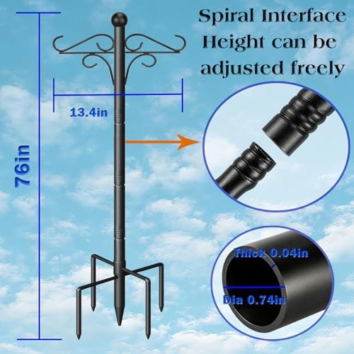 76'' Bird Feeder Pole, Adjustable Shepherds Hooks for Outdoor, Metal Garden Hanging Holder for Hummingbird Feeder, Wind Chimes, Patio Stakes, Wedding Decor