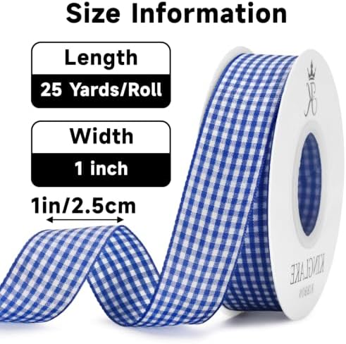 KINGLAKE Blue Gingham Ribbon - 1'' x 25 Yds Blue Plaid Ribbon