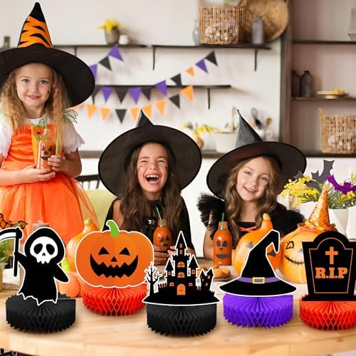 12 Pcs Halloween Honeycomb Centerpieces Halloween Party Table Decorations Black Cat Ghost Bat Pumpkin Witch Table Centerpiece Orange Black Spooky Theme Tables Topper for Halloweens Theme Party Decor