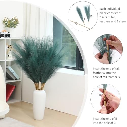 Wertuirk 9 Stems Green Pampas Grass, 38 Inch Tall Faux Pampas Grass Decor