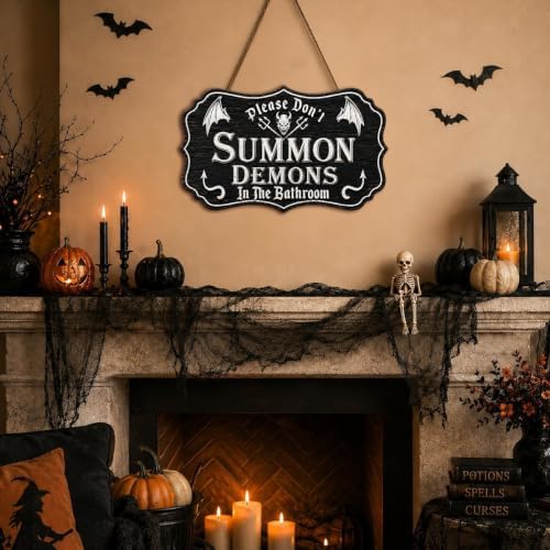 Halloween Bathroom Sign, Wooden Please Don't Summon Demons Goth Door Decor