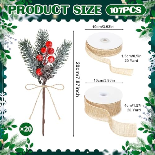 Suncalla 22 Pcs Christmas Artificial Floral Picks 8 Inch Red Berry Pine Cones Picks with Burlap Ribbon Rolls Fake Holly Branches for Wreaths Xmas Tree Arrangement Holiday DIY Gift Craft(Snow Frosted)