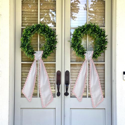 DYSHAYEN Wreath Sash for Front Door, White with Pink Trim