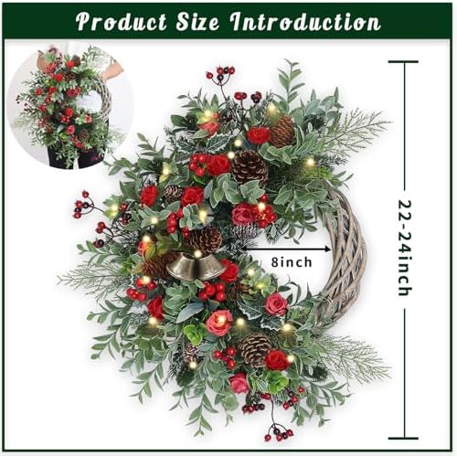 Christmas Wreath for Front Door, Artificial Door Wreaths with LED Lights Bells Berries & Pinecones Christmas Decorations, Xmas Wreaths for Wall Window Fireplace Holiday Home Decor
