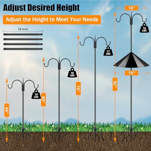FEED GARDEN Heavy Duty Shepherds Hook Squirrel-Proof Bird Feeder Pole 92" Double Hooks 5-Prong Base & 19" Baffle for Outdoor Feeders & Plants