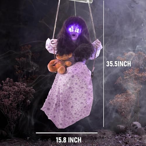 Hourleey Halloween Decorations Outdoor, Hanging Swinging Girl Doll Sound Activated with Lighted Eyes Creepy Sound, Animatronics Halloween Decor for Indoor Trees Party Garden Haunted House Prop