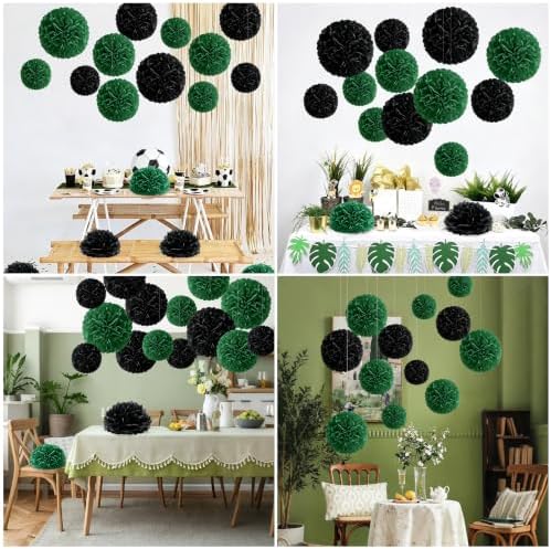 Recosis Black Green Party Decorations, 18 Pcs Paper Pom Poms Decorations