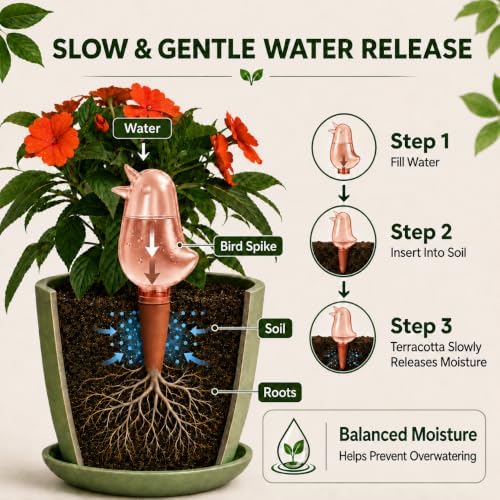 4 Pack Self Watering Spikes for Indoor Plants, Plant Watering Devices with Bird Shape, Automatic Irrigation Spikes for Potted Plants, Vacation Plant Waterer System (Red)