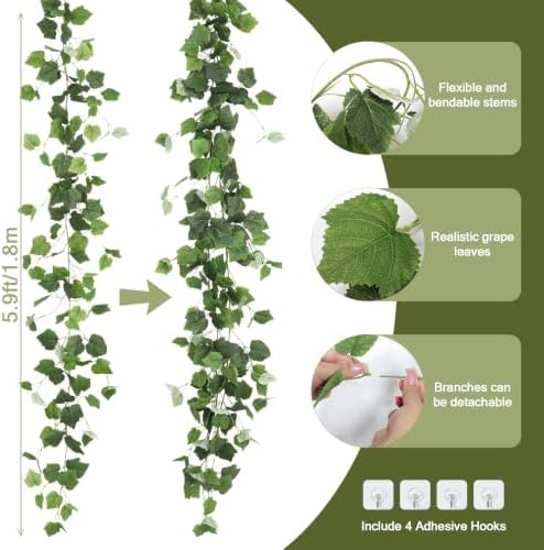 RECUTMS 2Pcs Artificial Grape Leaves Ivy Vine 5.9Ft Silk Green Leaf Garland