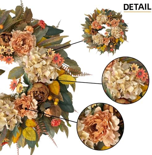 HipTree 24 Inch Fall Hydrangea Peony Wreath for Front Door