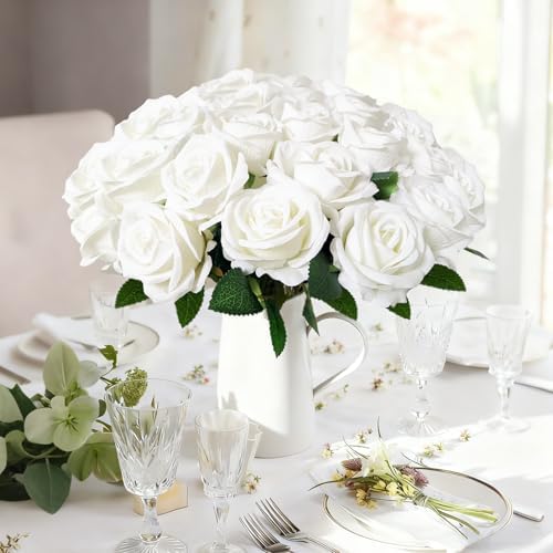 50Pcs White Roses Artificial Flowers with Stems for Home Decor