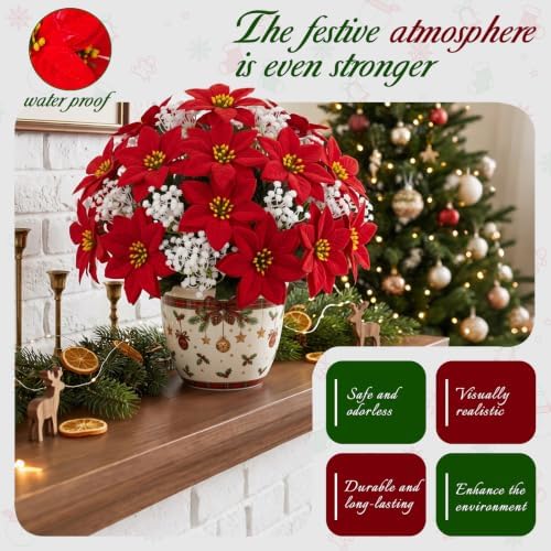 Red Christmas Poinsettia Artificial Flowers 38 Bundles UV Resistant Faux Plants Outdoor Patio Garden Winter Xmas Decor